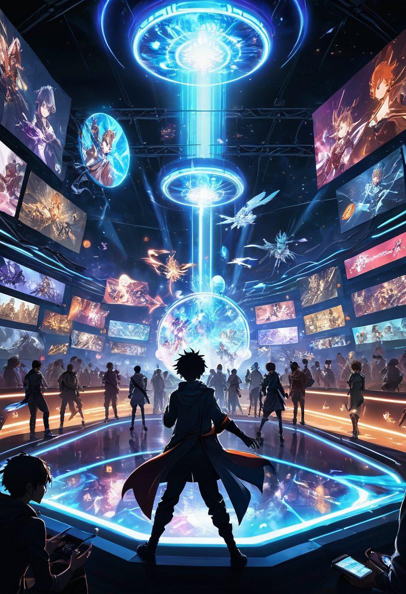 A vibrant scene showcasing iconic characters from popular anime games gathered in a fantastical gaming arena, with enthusiastic players engrossed on devices, and glowing reviews floating in the background. Include community members sharing insights in speech bubbles. Japanese aesthetic elements. anime-style. dynamic colors. white background.