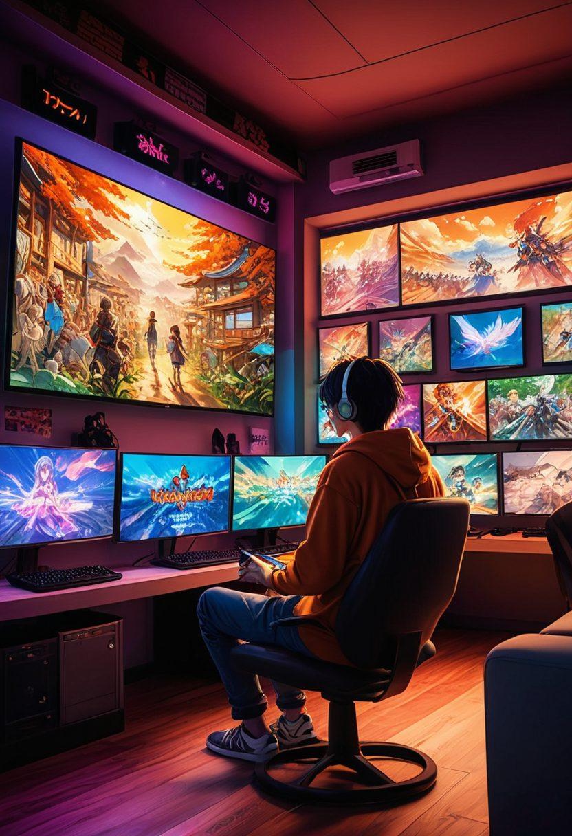 A vibrant anime world with excited characters playing various video games, surrounded by screens showing updates and forums. In the background, beautiful fan art is displayed on walls, and there are energetic digital sensations around them. Include a sense of community and connection with diverse characters interacting. anime style. vibrant colors. dynamic composition.