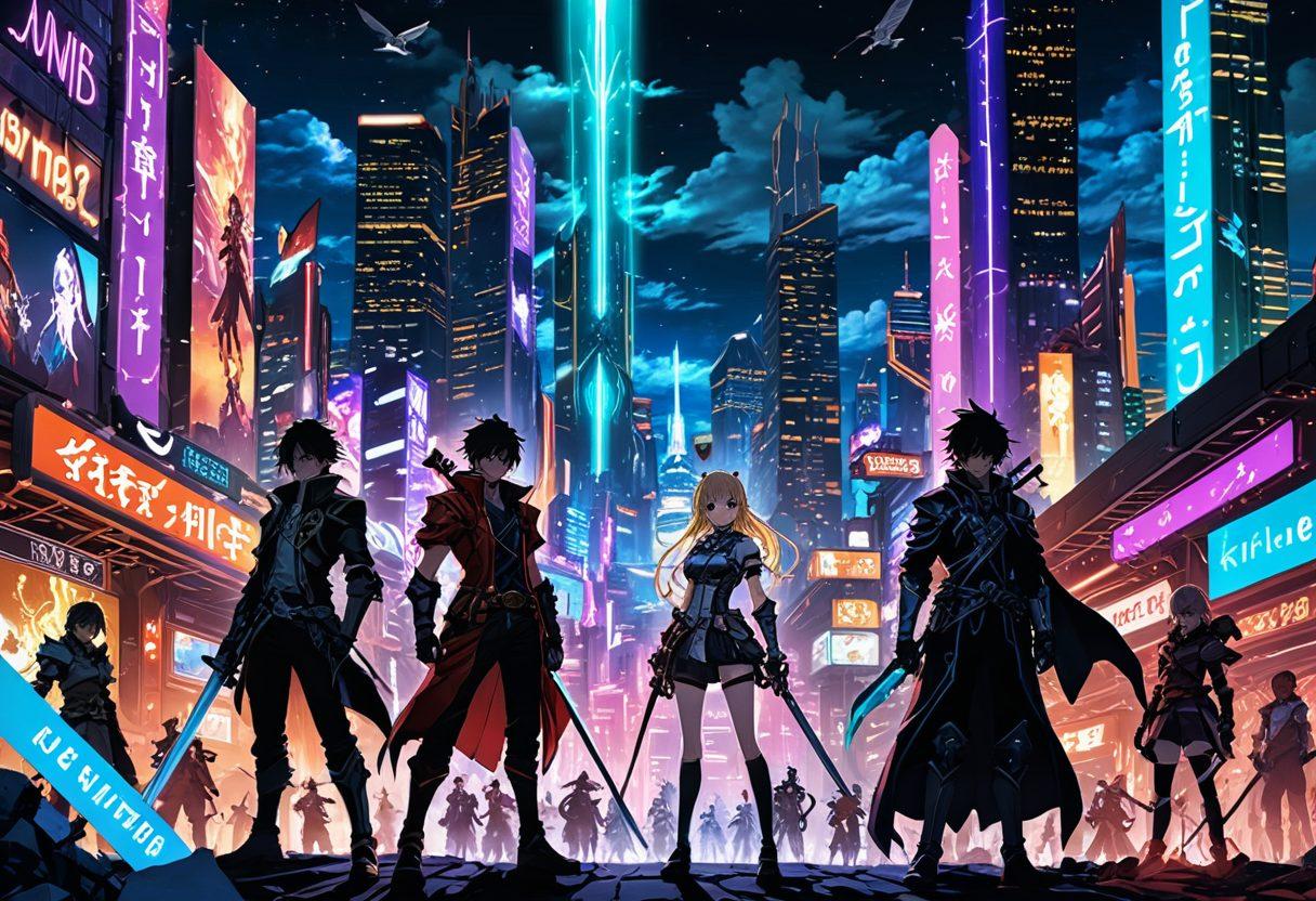 A vibrant collage featuring iconic characters from famous anime RPGs, visual novels, and adventure titles, set against a dynamic backdrop of sprawling fantasy landscapes and urban neon cityscapes. Include key items like swords, magical artifacts, and dialogue boxes to highlight the varied genres. Super-realistic. Vibrant colors. 3D.